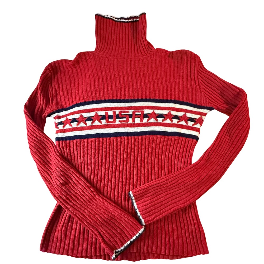 Vintage USA Stars Red Ribbed Turtleneck Sweater Women's S/M Made in USA